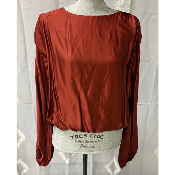 Anthropologie Wine Red Satin Balloon Long Sleeve Blouson Hem Blouse Small NWT - Picture 2 of 11